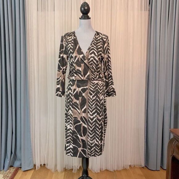 BOSS Hugo Boss true wrap dress graphic print 3/4 sleeve fully lined women’s sz L - Picture 1 of 15